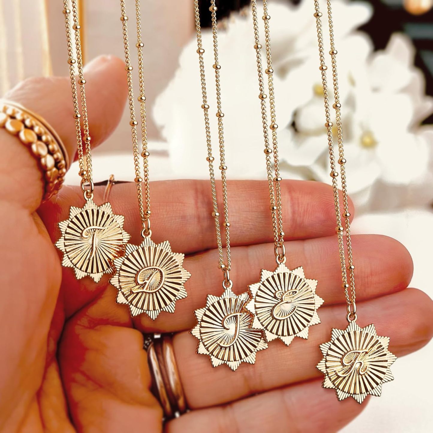 Sunburst Disc Letter Personalized Dainty Charm Satellite Chain Letter