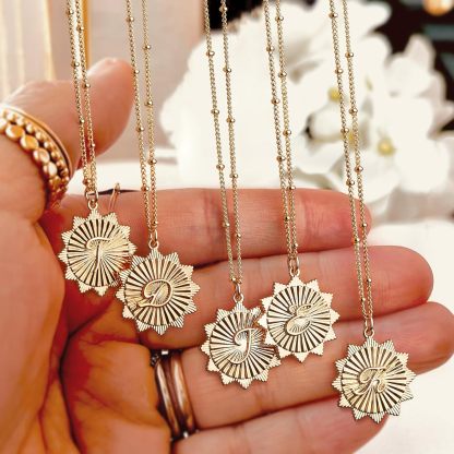 Sunburst Disc Letter Necklace Personalized Satellite Chain Initial Necklace