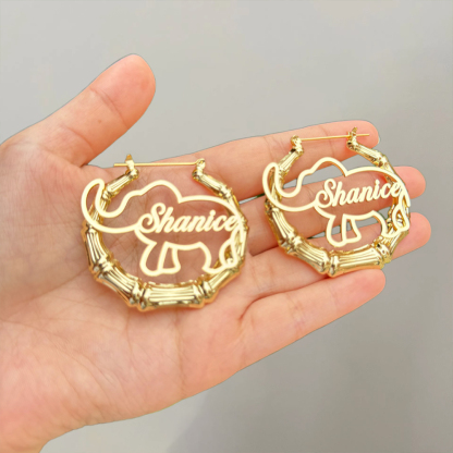 Bamboo Elephant Hoop Earring Custom Name Earrings