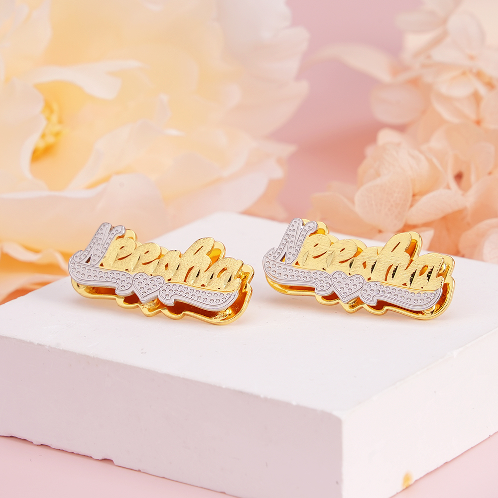 Double Plate Two Tone With Heart Personalized Custom Name Stud Earrings