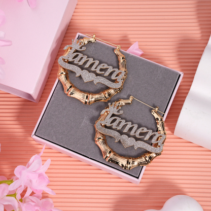 Two Tone Bamboo Crown Heart Bling Custom Name Earrings Gold Plated