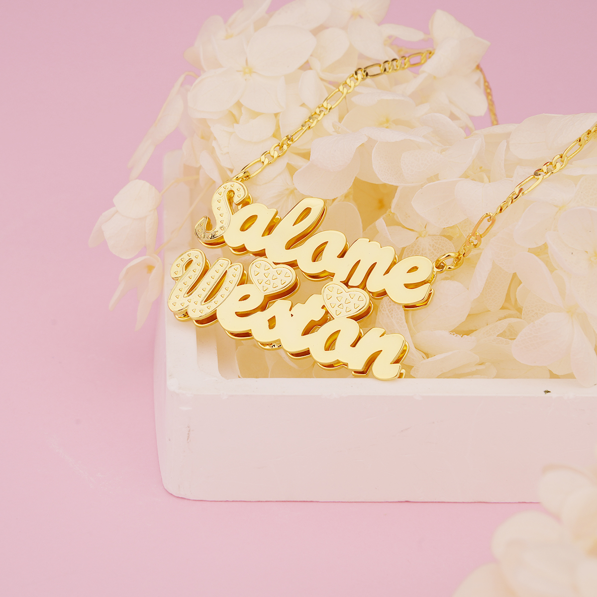 Double Layer 2 Names 2 Hearts Custom Gold Plated Couple Necklace