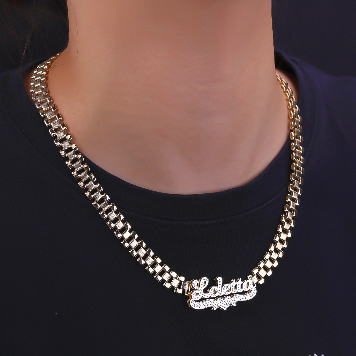 Watch Band Style Rolex Link Chain Double Plated Personalized Diamond Cut Name Necklace