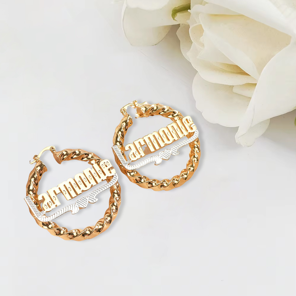 Two Tone Twist Hoop Name Earrings With Heart