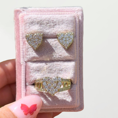 Heart Jewelry Set White Pink Zirconia Ring And Stud Earrings