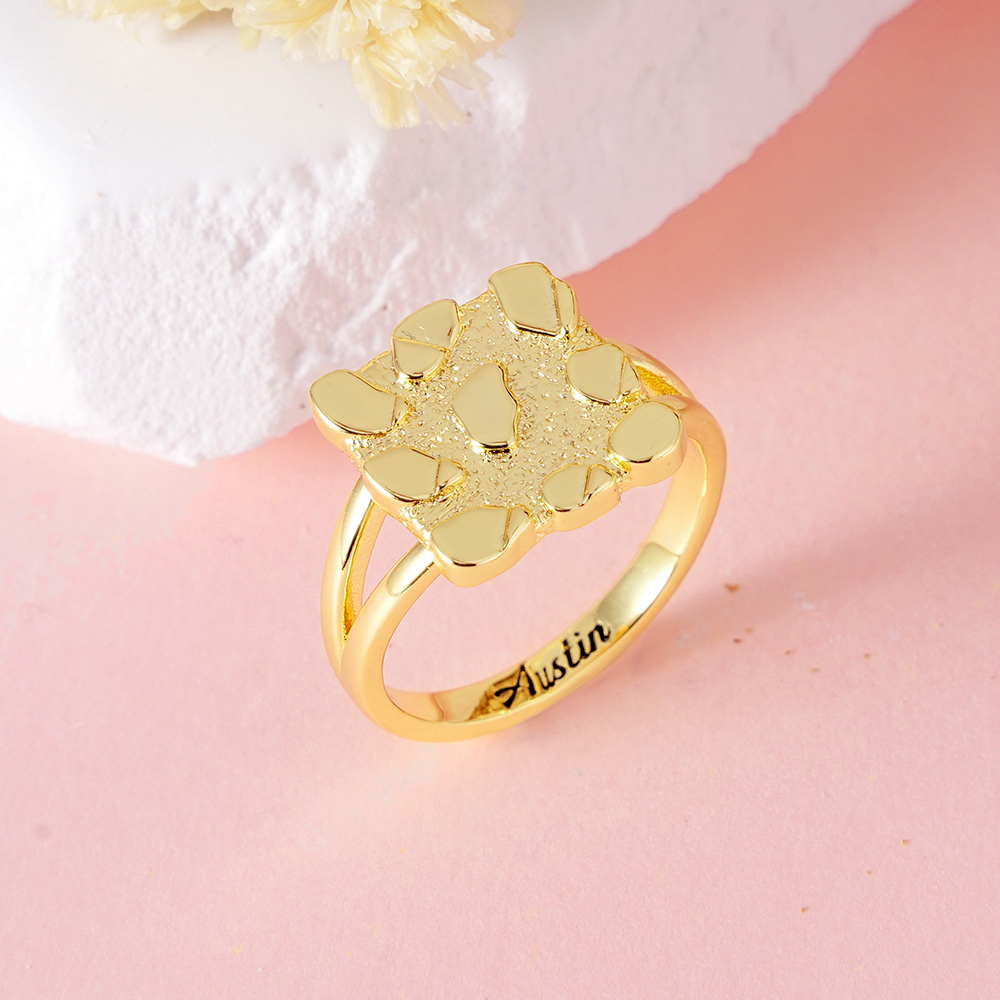 Vintage Nugget Diamond Cut Square Ring Custom Engraved Text