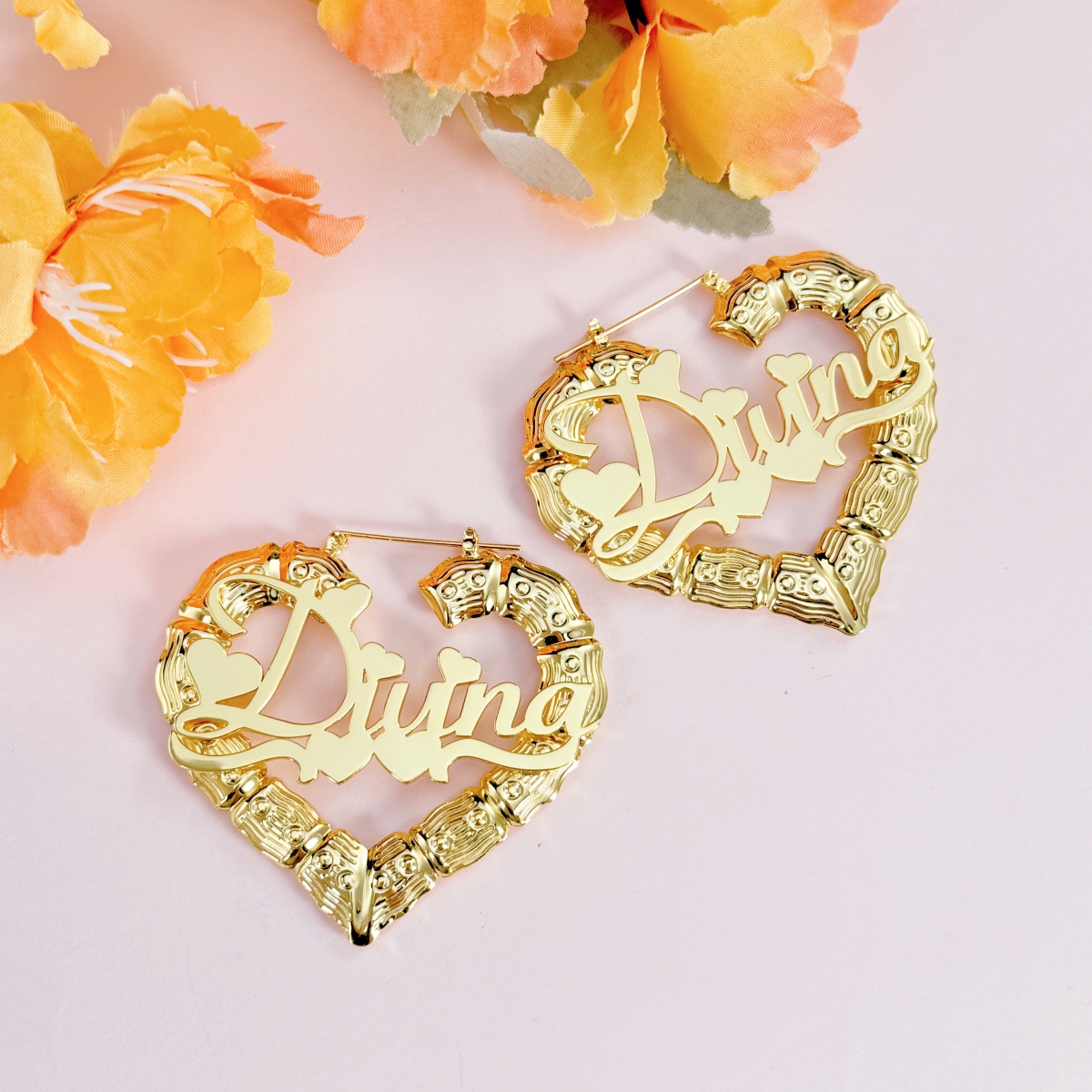 Personalized Heart Shaped Bamboo Name Earrings