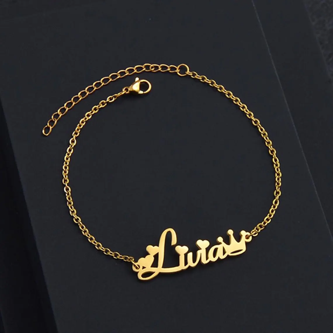 Heart Name with Crown Personalized Bracelet Gold Plated