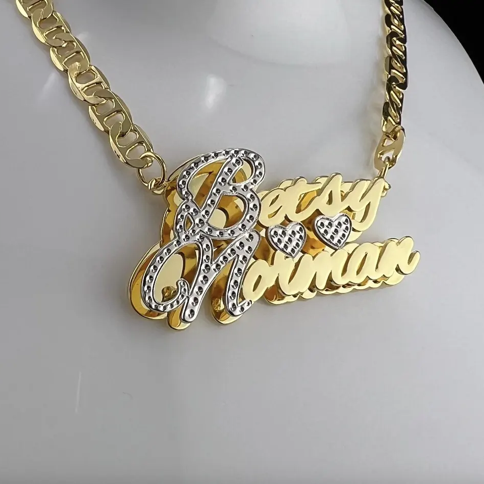 Two Hearts Two Tone Double Plate Couple Name Necklace