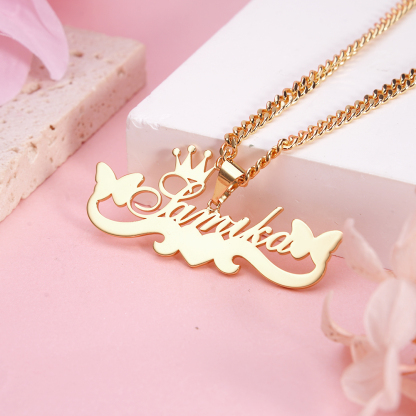 Butterfly Crown Two Hearts Necklace Personalized Custom Name Necklace 