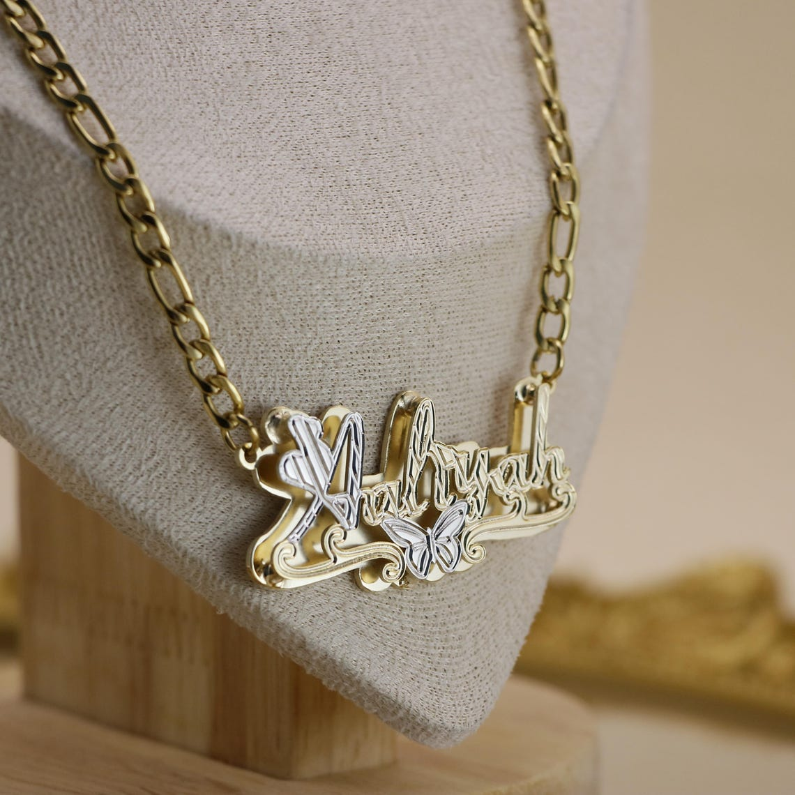Double Layer Two Tone Custom Butterfly Heart Name Necklace