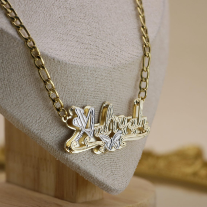 Double Layer Two Tone Custom Butterfly Heart Name Necklace