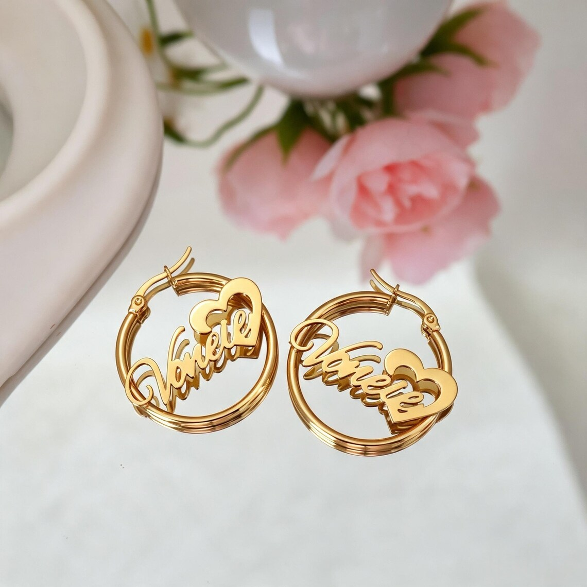 Personalized Heart Nameplate Mini Hoop Earrings