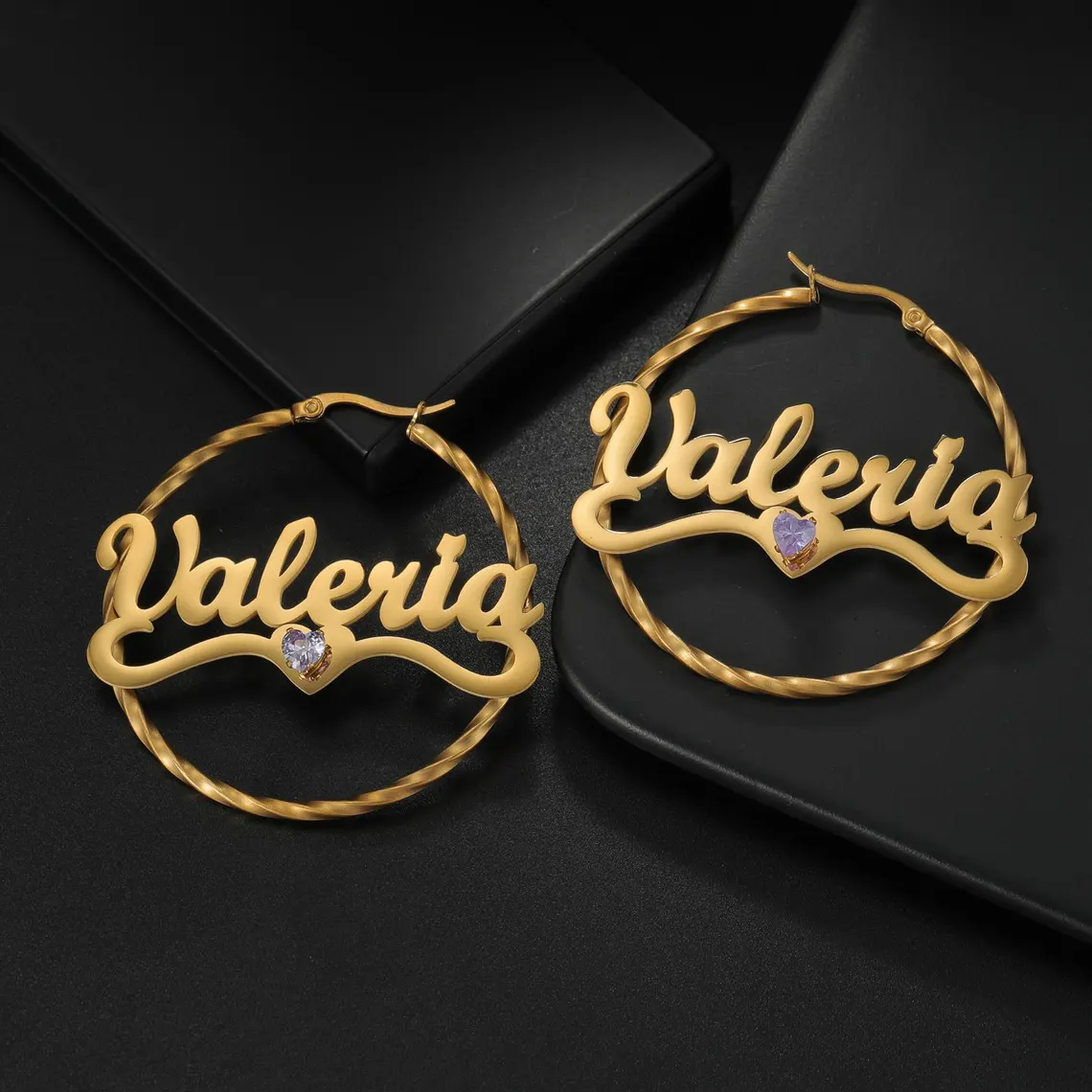 Gold Plated Personalized Nameplate with Heart Birthstone Jewelry Set 3pcs