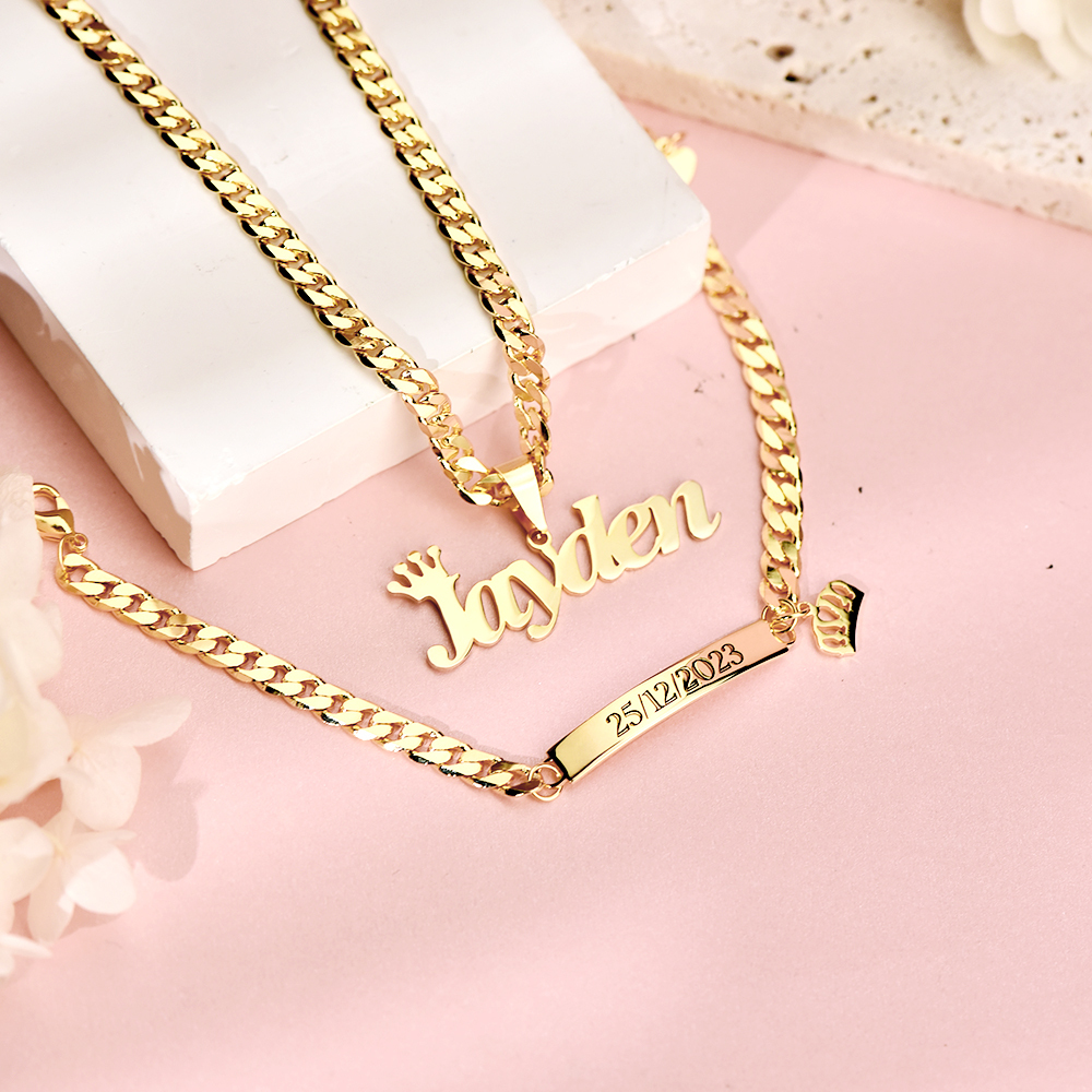 Custom Crown Name Necklace And Bracelet ID Jewelry Set 2pcs For Kids
