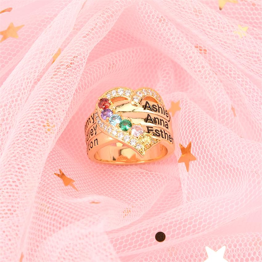 Love For Mom Personalized Custom Gold Plated Heart Name Ring with Birthstone 