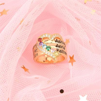 Love For Mom Personalized Custom Gold Plated Heart Name Ring with Birthstone 