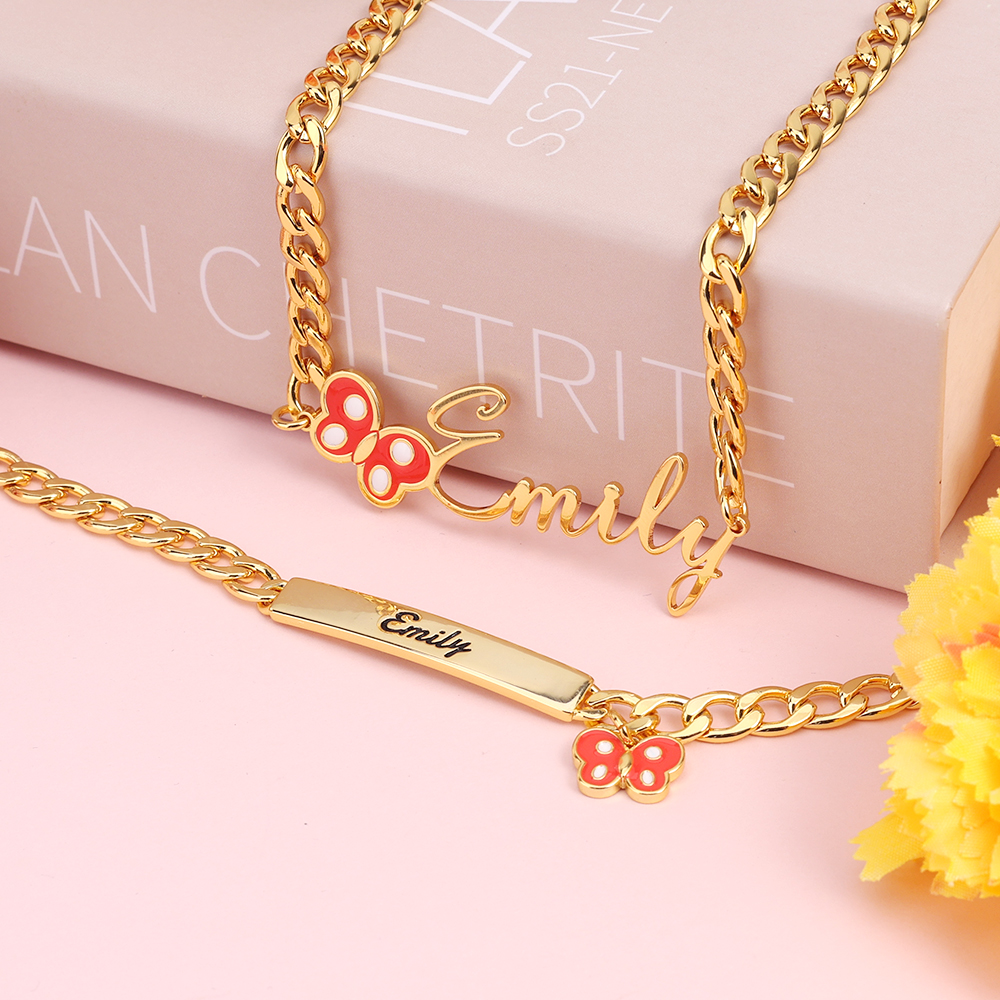 Butterfly Pendant Custom Name Necklace And Name Bracelet With ID Birthsday