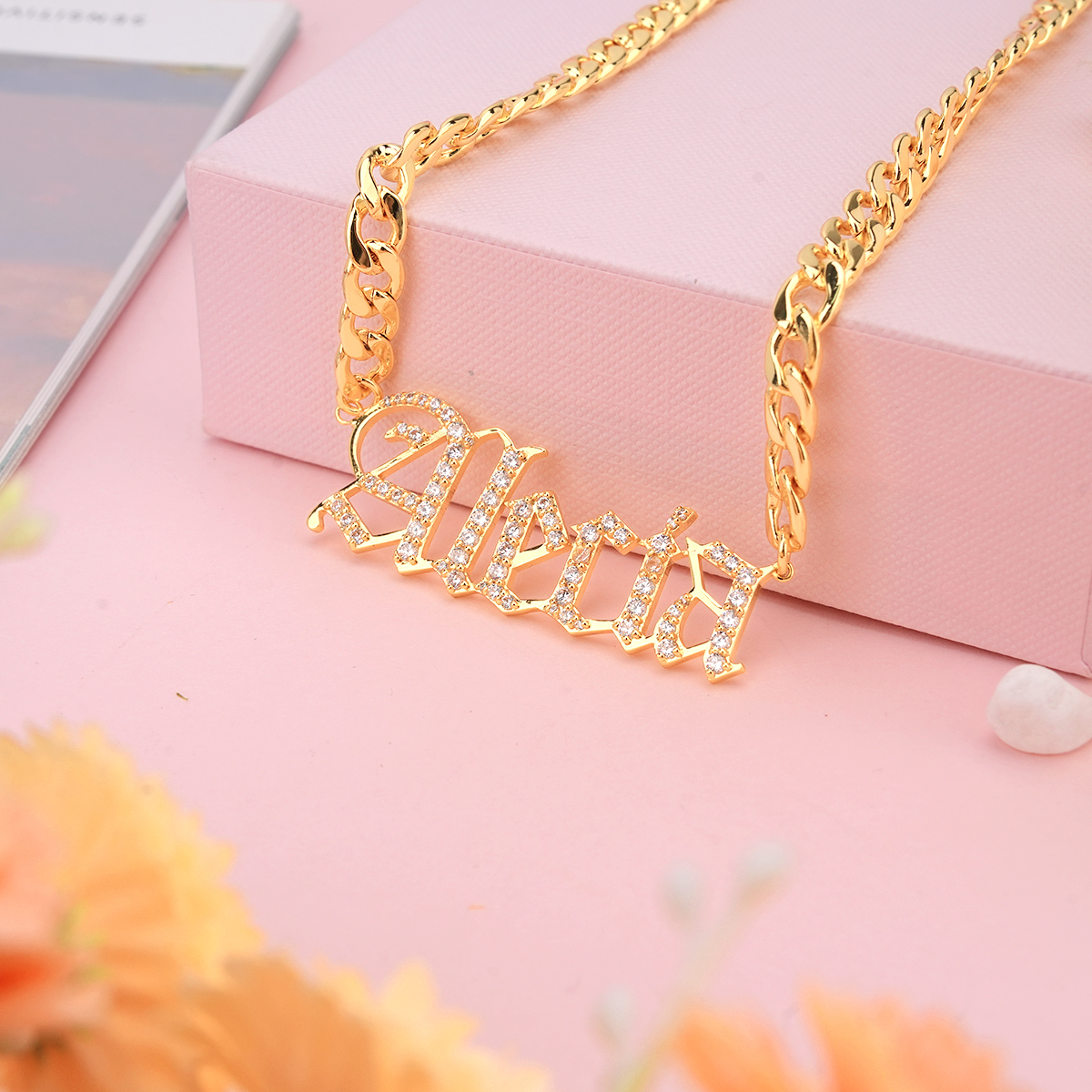Curb Chain Old English Font Custom Personalized Zircon Name Necklace