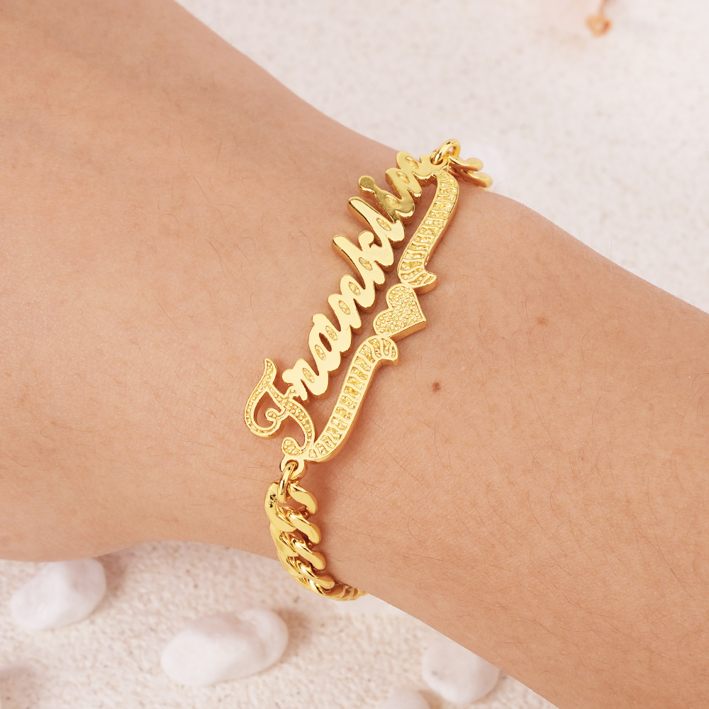 Personalized Heart Name Bracelet Cuban Chain Gold Plated Bracelet
