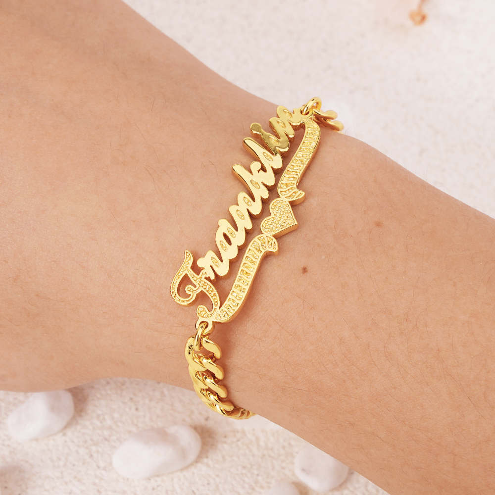Personalized Heart Name Bracelet Cuban Chain Gold Plated Bracelet
