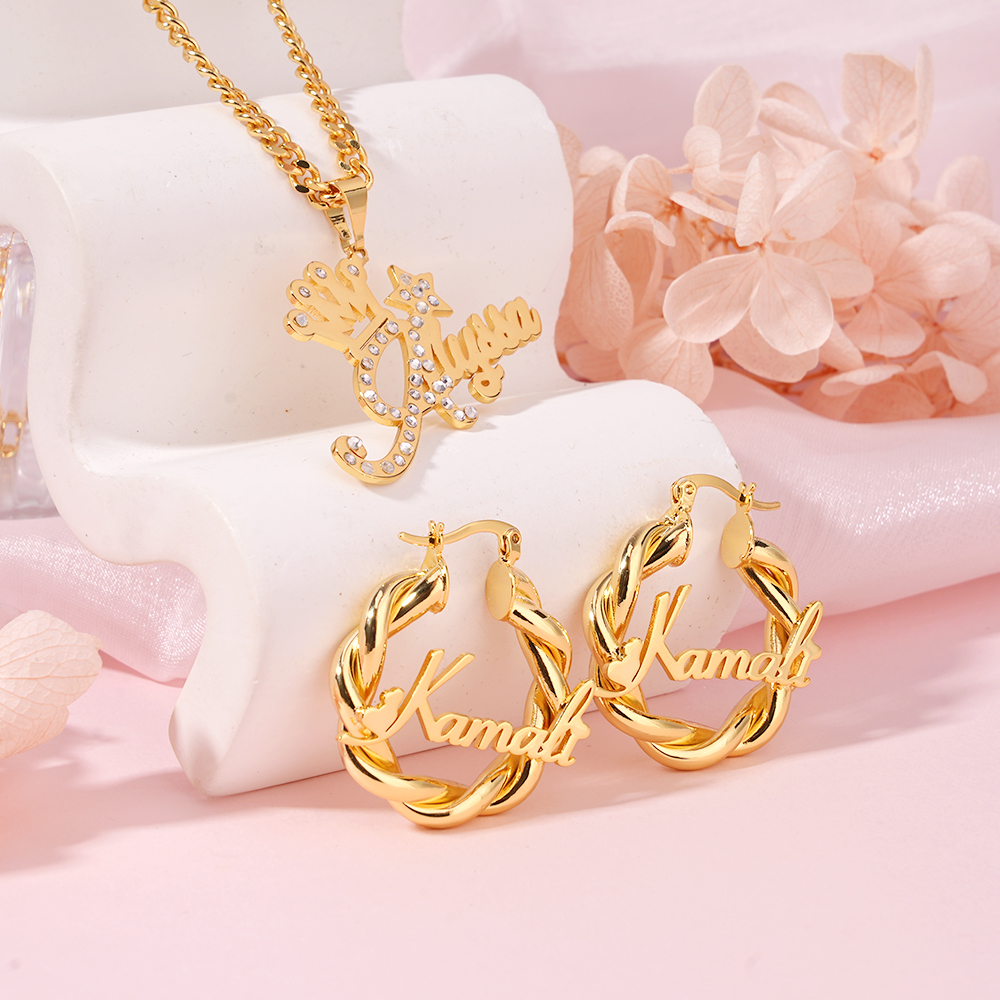 Personalized Custom Gold Plated Crown Name Necklace Mini Hoop Earrings Set For Kids