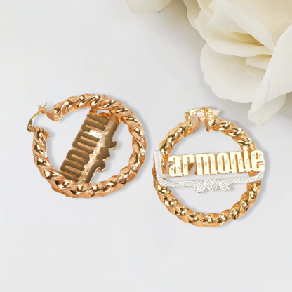 Two Tone Twist Hoop Name Earrings With Heart