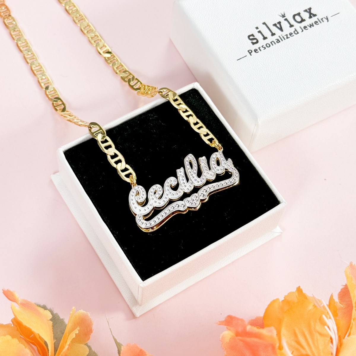 Marine Chain Two Tone Custom Double Layer Heart Name Necklace