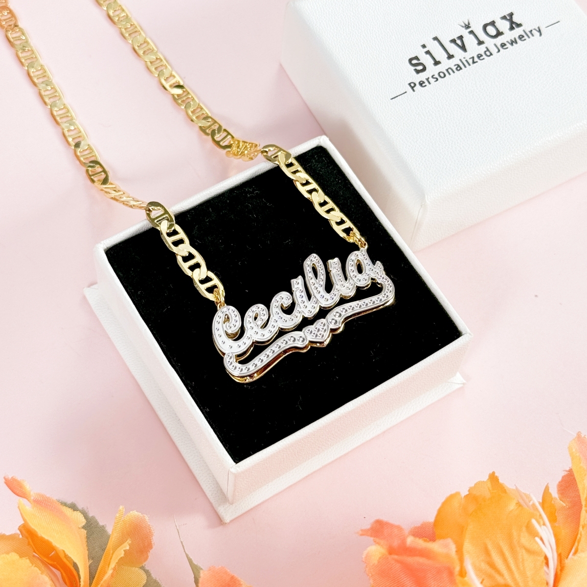 Marine Chain Two Tone Custom Double Layer Heart Name Necklace