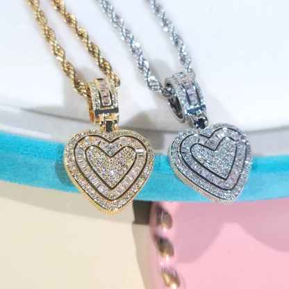 Rope Chain Iced Out Mini Baguette Heart Pendant Necklace