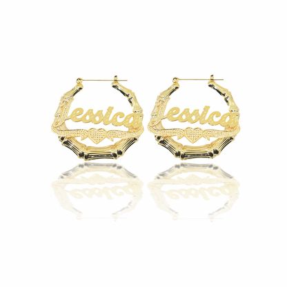 Customized Diamond Cut Heart Nameplate Bamboo Earrings