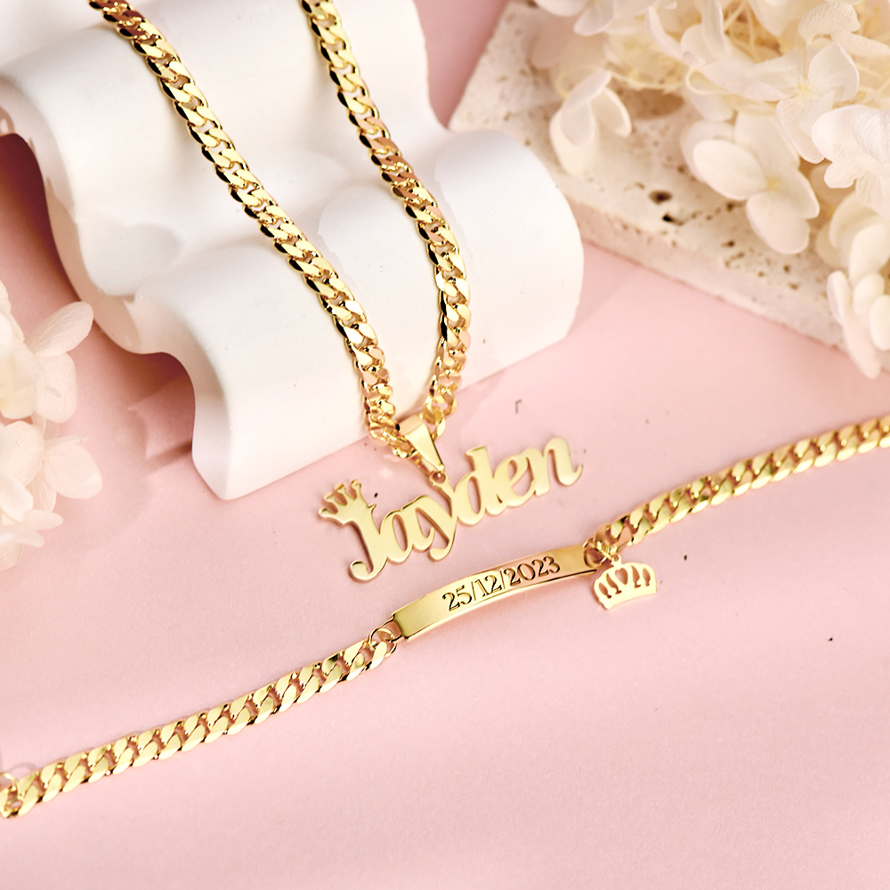 Custom Crown Name Necklace And Bracelet ID Jewelry Set 2pcs For Kids