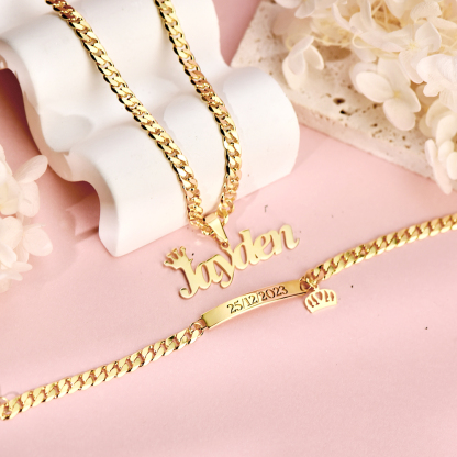 Custom Crown Name Necklace And Bracelet ID Jewelry Set 2pcs For Kids