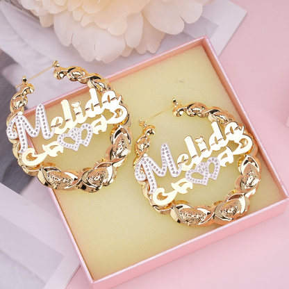 Two Heart Nameplate Personalized Name Bamboo Earrings