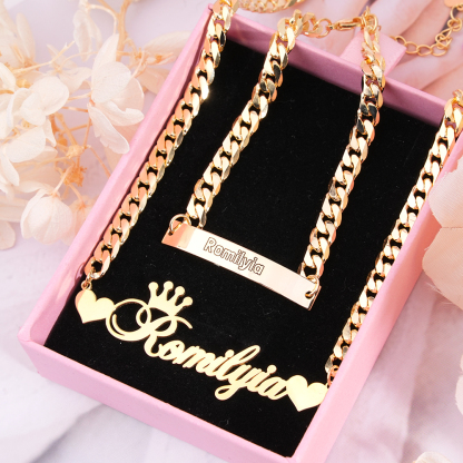 Crown and Double Heart Personalized Name Necklace and Baby Bracelets Set