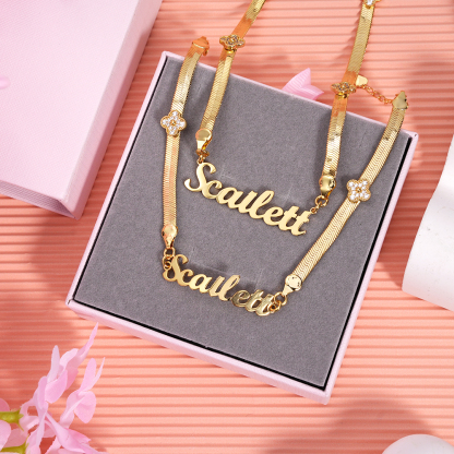 Personalized Snake Chain Four-leaf Clover Set Name Necklace And Name Bracelet 