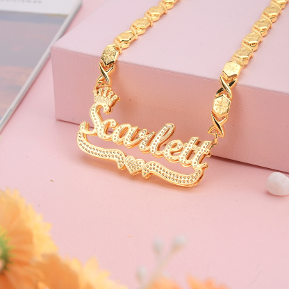 Double Layer Two Tone XOXO Chain with Crown And Heart Personalized Custom Gold Plated Name Necklace