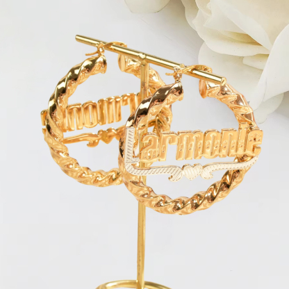 Two Tone Twist Hoop Name Earrings With Heart