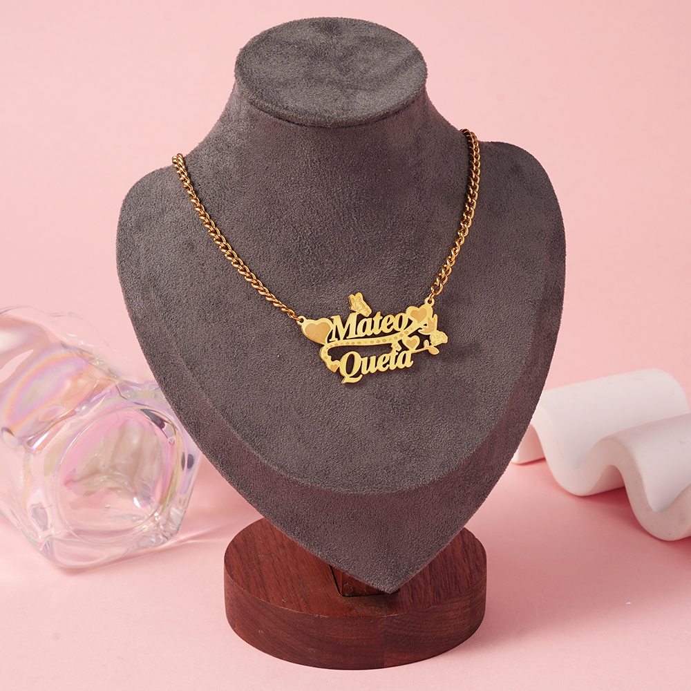Heart Butterfly Nameplated Pendant Personalized Name Necklace Couple Necklace