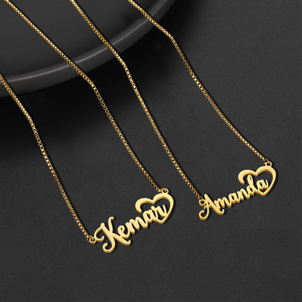 Personalized Box Chain Name Necklace With Heart