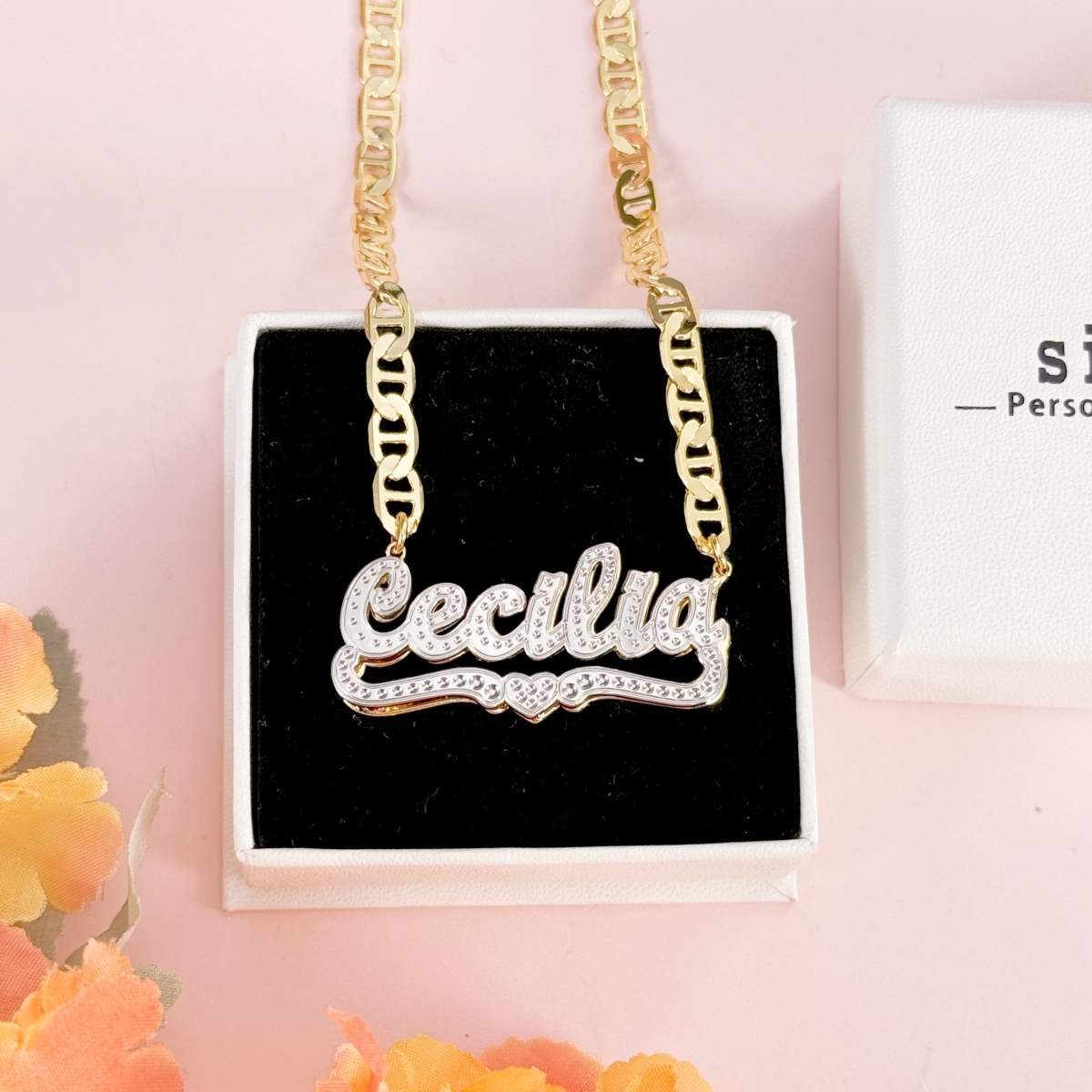 Marine Chain Two Tone Custom Double Layer Heart Name Necklace