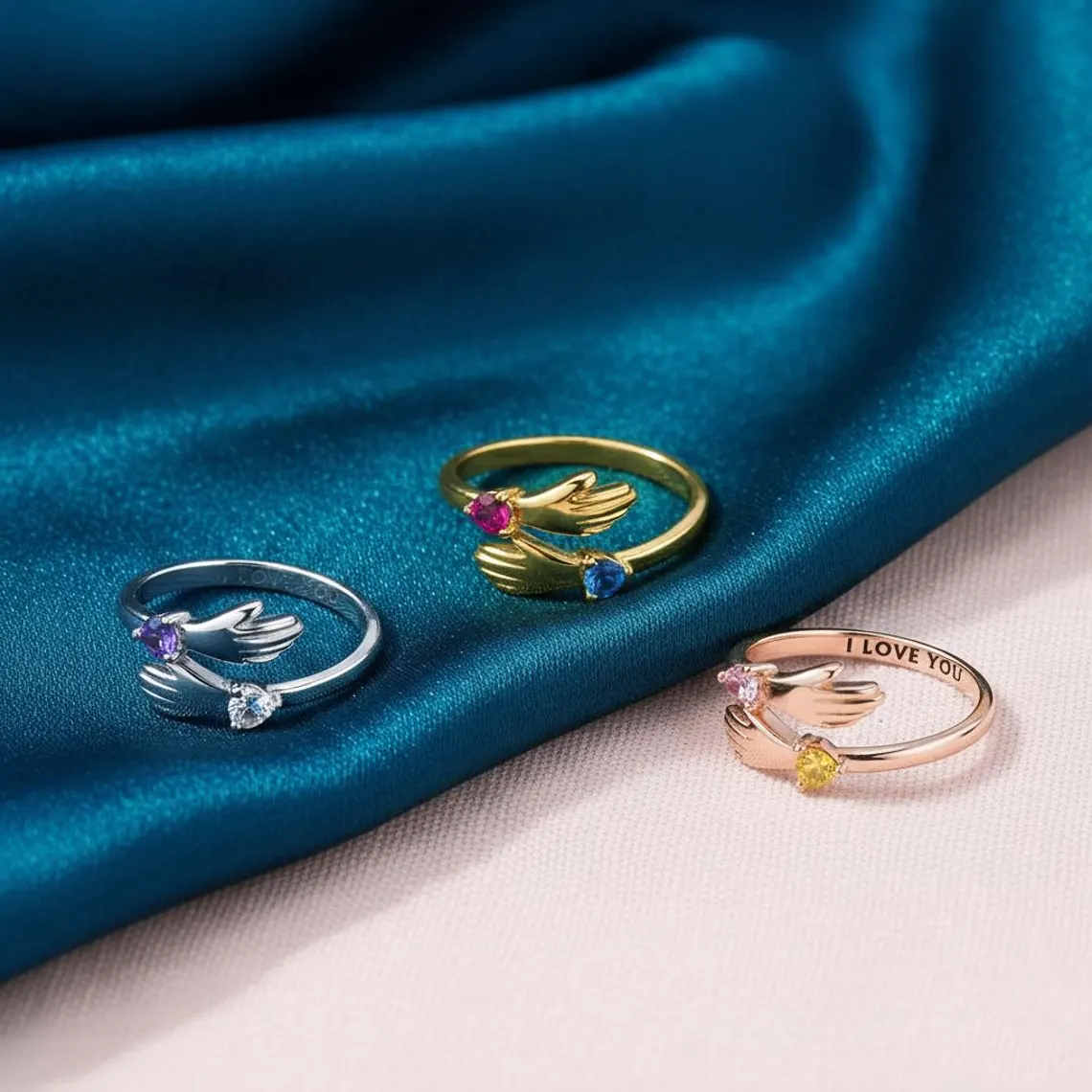 Personalized Hug Ring with Heart Birthstones Engraving Ring