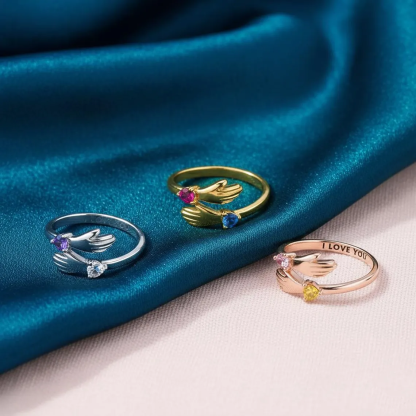 Personalized Hug Ring with Heart Birthstones Engraving Ring