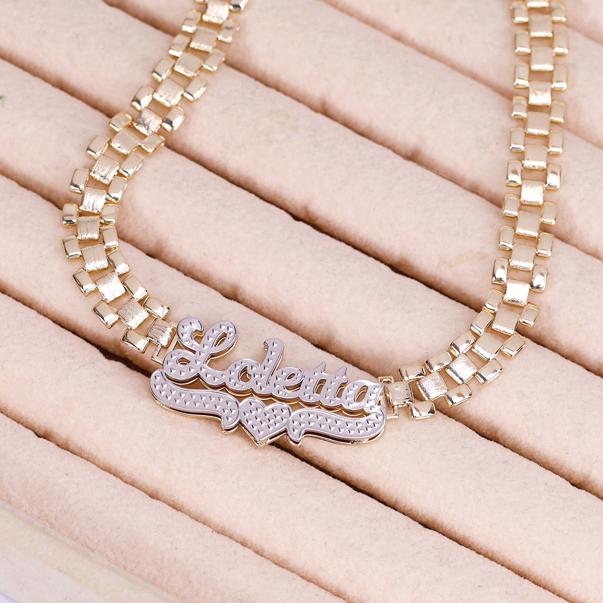 Watch Band Style Rolex Link Chain Double Plated Personalized Diamond Cut Name Necklace