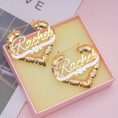 Personalized Double Layer Two Tone with Heart Name Necklace and Heart Shaped Bamboo Earrings Set