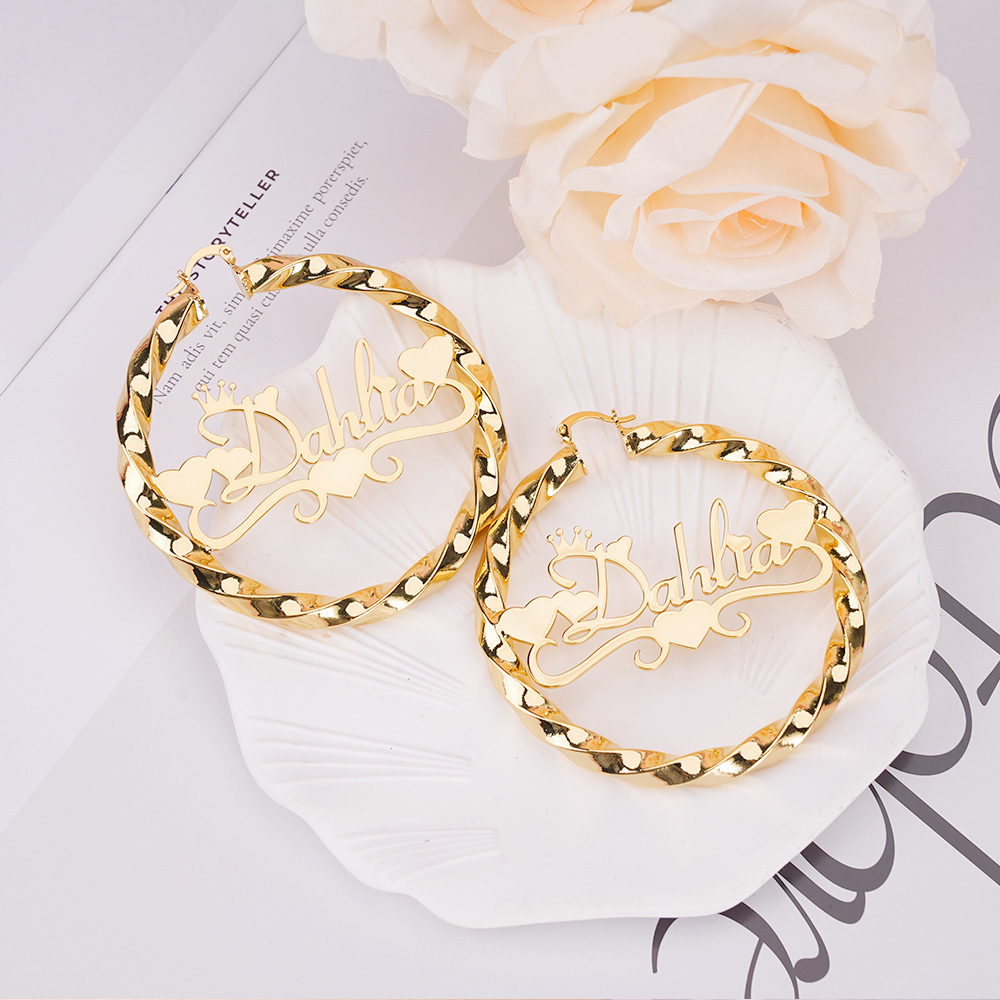 Twist Hoop Earring Personalized Heart Crown Fashion Women Name Earrings