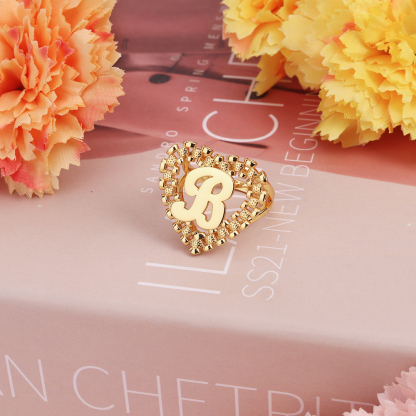 Gear Shape Rolex Style Heart Love Nugget Ring Personalized Initial Letter Ring