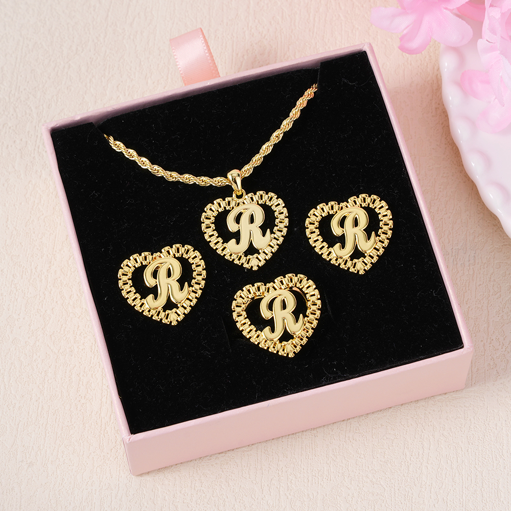 RX Style Chain Initial Pendant Personalized Initial Necklace Ring And Stud Earrings RX Jewelry Set