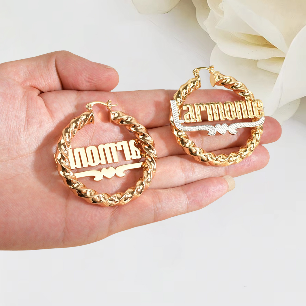 Two Tone Twist Hoop Name Earrings With Heart