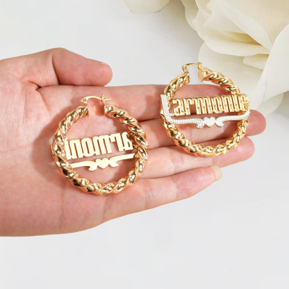 Two Tone Twist Hoop Name Earrings With Heart